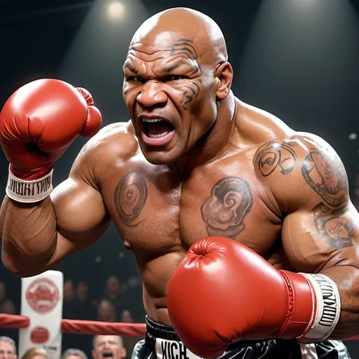 Prompt: A little person, old man gray stubble Mike Tyson vs middle aged Jake Paul light red hair full beard, boxing gloves makes contact with distorted face, punches in face, teeth flying, aggressive,  in a boxing ring, an excited audience in the background, stage performance, glistening muscles, detailed facial features, vibrant colors, photo realistic, Looney Toons style, audience, theatrical lighting, high quality, detailed muscles, stage setting, professional, animated shading, cartoon realism, detailed expression, muscle definition