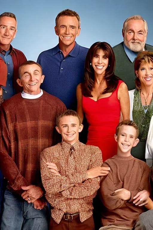 Prompt: Promo photo of the full cast of "Malcolm in the middle" with {Dewey, Malcolm, Reese, Lois, Hall and Francis} for the upcoming reunion episode, intricate details, HDR, 8k
