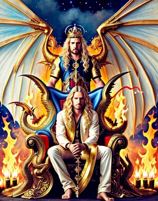 Prompt: An handsome angel with long wavy blonde hair sitting on a jeweled throne with a fire breathing dragon by his side, ultra detailed, highly detailed scenario , photorealistic detailed intricate masterpiece UHD HDR symmetric coherent epic hyperdetailed stunning beautiful