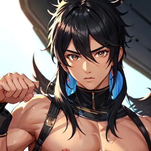 Prompt: Male (black hair in the front blue hair in the back) (brown eyes) buff, muscular