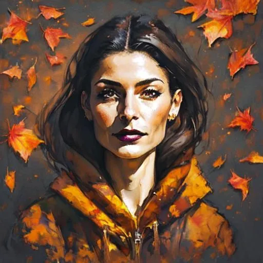 Prompt: Brunette haired attractive woman, aged 35 , dark lipstick ,closeup autumn leaves