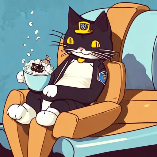 Prompt: Image of a cat in a cop suit lounging on a couch with a bowl of Yogurt

