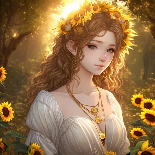 Prompt: portrait of beautiful angelic woman, golden ringlets, sunflowers in her hair, white dress, gold necklace, hazel eyes, style of Koei Tecmo