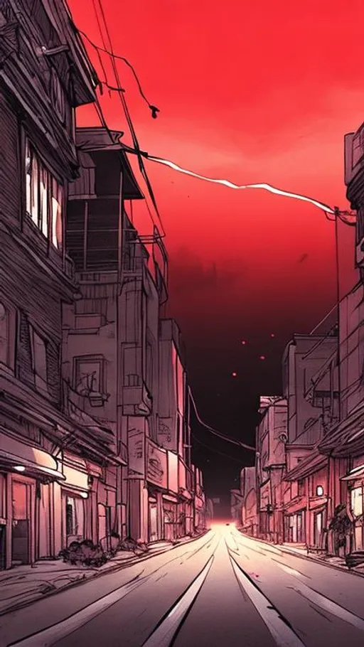 Prompt: Empty street on a dark night
eerie vibe
Sketch drawing
Luminous red sky
Comic 

