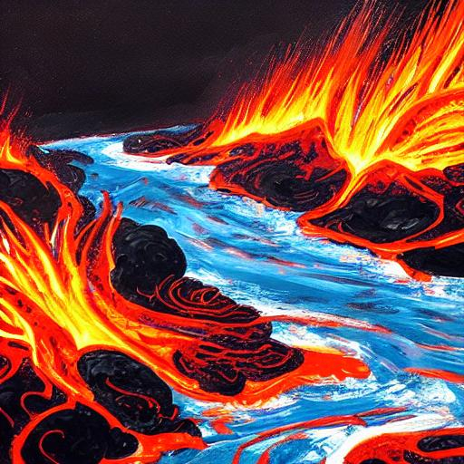 a painting of stream of lava flowing through dark ro...