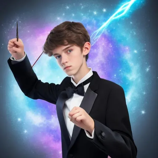 Prompt: 16 year old boy in a tuxedo pointing a magic wand and casting a spell. Sparkling magic flys out of the top of his magic wand in the direction he pointed it in