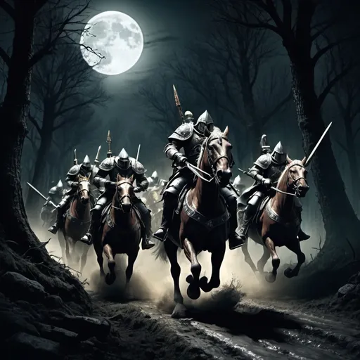 Prompt: Warhammer fantasy empire horsemen soldiers are chasing, realistic textures, muddy road in dark forest, full moon night setting, detailed armor and weaponry, intense pursuit, murky atmosphere, high quality, fantasy, intense action, dark tones, moonlit, atmospheric lighting, dynamic view