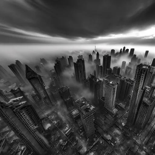 Prompt: A desolated cityscape covered in thick fog, decaying skyscrapers stretching towards the sky, shattered windows and crumbling structures, a sense of abandonment and loneliness permeating the scene, Photography, wide-angle lens (24mm), capturing the haunting atmosphere and desolation, --ar 16:9 --v 5