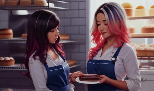 Prompt: ombre hair, busy time a the bakery, baking, 2 girls, apron, mole under eye, mole on body, indoors, ((full body)) {{good looking}} {{cute}} {{good body}} {{tight}}, symmetrically colored hair, {{shadows}},
