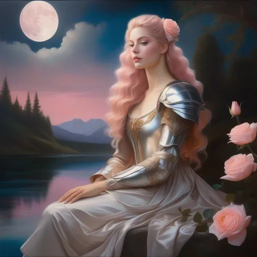 Prompt: Third-person, full body of character in view, Baroque oil on canvas painting of an ethereal, unnaturally pale-skinned Fantasy Supermodel with rose gold pinkish hair, long wavy hair, silver armor, galaxy background, sitting by a Lake with a Full Moon overhead.