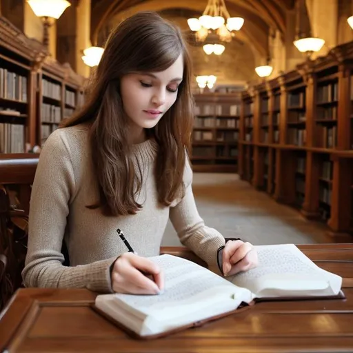 Prompt: Women brown hair sitting in stonewalled library writing diary with ink
