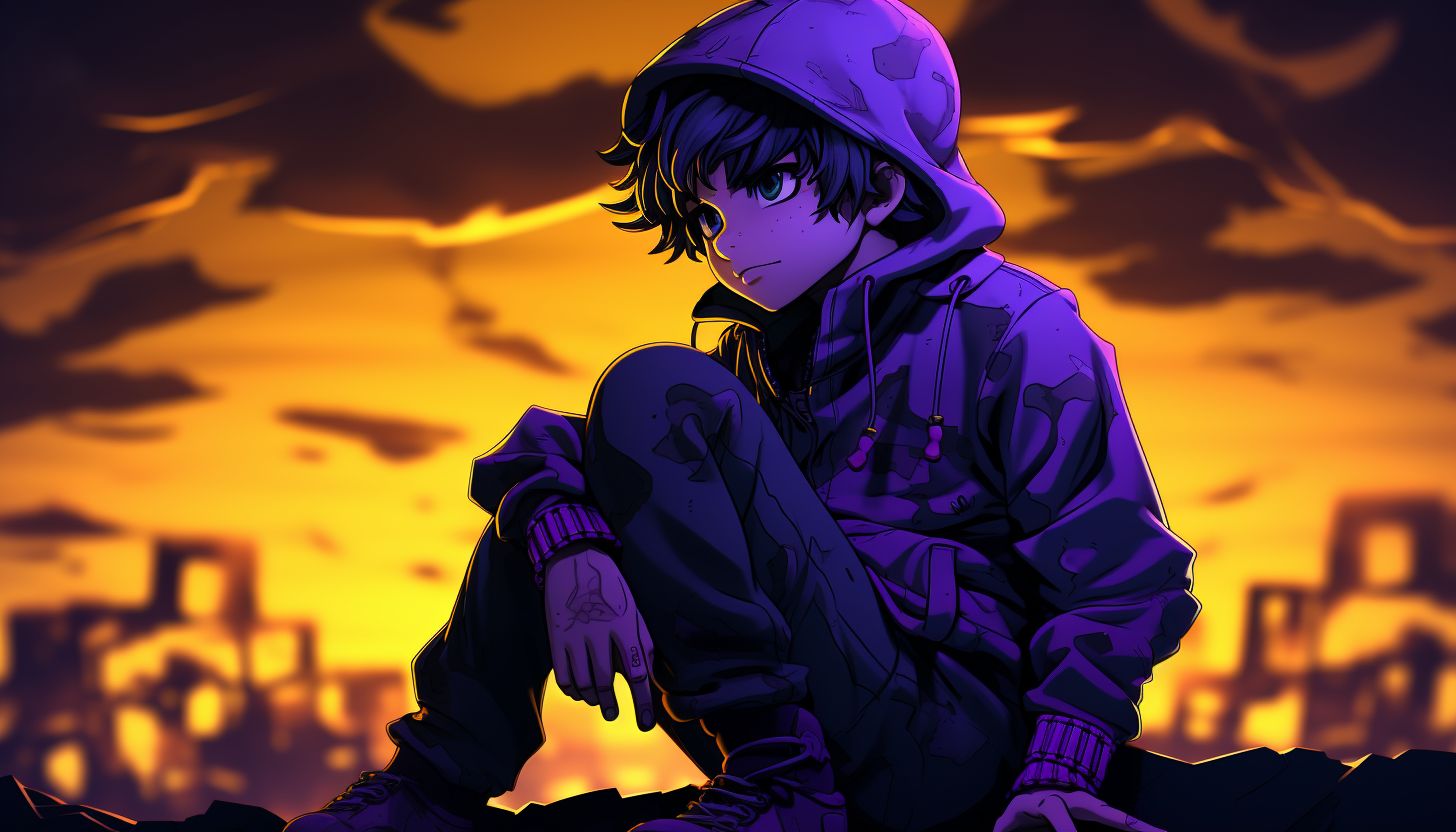 Prompt: the anime boy sitting on a platform in purple, black, and yellow, in the style of 8k 3d, japanese traditional art influence, backlit photography, mural painting, close-up, calculated, 32k uhd