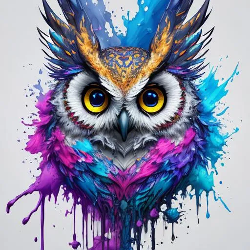 Prompt: Splash art, a owl head, front, ((white background)), epic Instagram, artstation, splash style of colorful paint, contour, hyperdetailed intricately detailed , unreal engine, fantastical, intricate detail, splash screen, complementary colors, fantasy concept art, 8k resolution, deviantart masterpiece, oil painting, heavy strokes, paint dripping, splash arts
