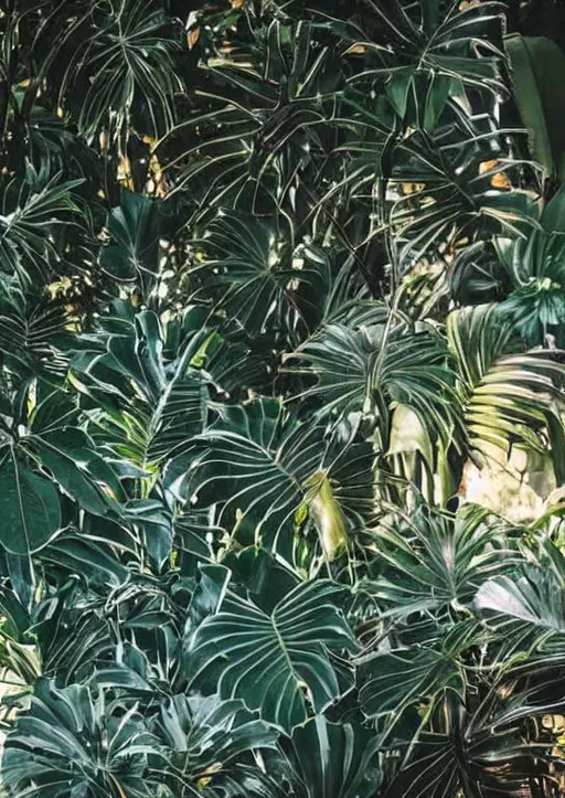 Prompt: white dense tropical plants with dark green background 