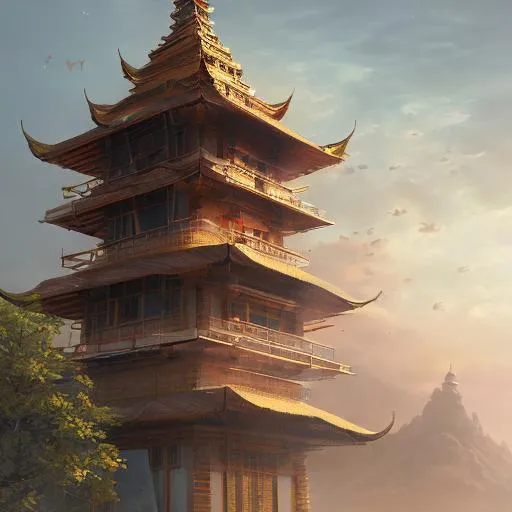 Prompt: Pagoda floating through space, etheral light, full colour, WJ Turner painting style, intricate details, extremely detailed, HD, 8k