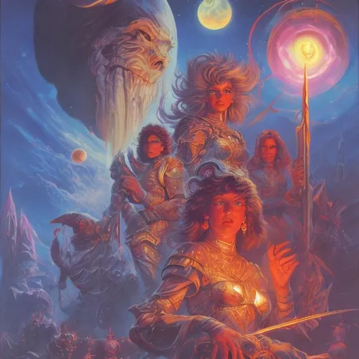 Prompt: 1980s light fantasy cover art painting