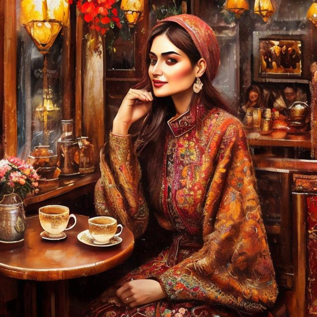 Azerbaijani woman in a cozy coffee shop oil painting traditional dress with intricate embroidery 