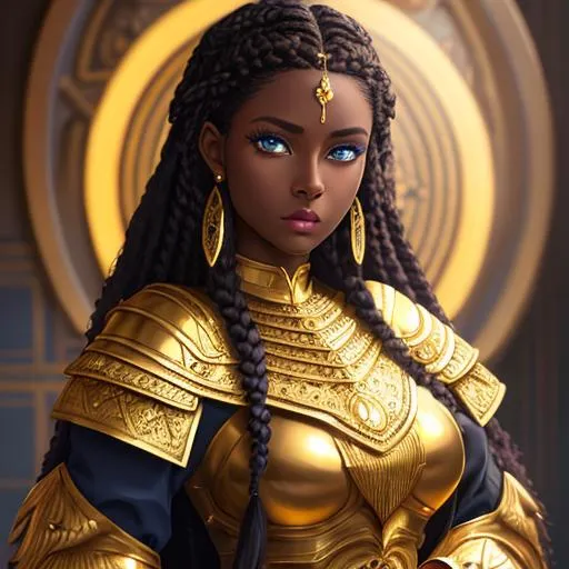 Prompt: "Full body, oil painting, fantasy, portrait of a dark skinned woman with braided brown hair and dark blue eyes | wearing heavenly plate mail #3238, UHD, hd , 8k eyes, detailed face, big anime dreamy eyes, 8k eyes, intricate details, insanely detailed, masterpiece, cinematic lighting, 8k, complementary colors, golden ratio, octane render, volumetric lighting, unreal 5, artwork, concept art, cover, top model, light on hair colorful glamourous hyperdetailed medieval city background, intricate hyperdetailed breathtaking colorful glamorous scenic view landscape, ultra-fine details, hyper-focused, deep colors, dramatic lighting, ambient lighting god rays, flowers, garden | by sakimi chan, artgerm, wlop, pixiv, tumblr, instagram, deviantart