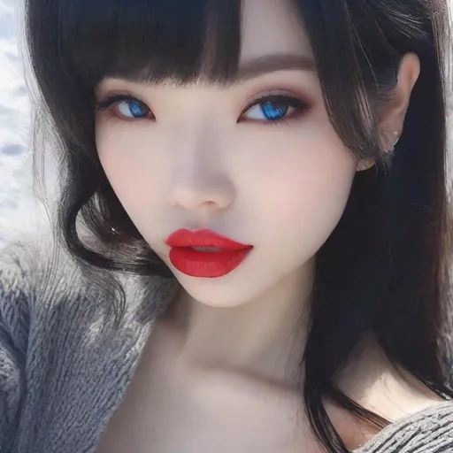 Prompt: A beautiful Japanese girl with a slender body, black hair, and blue eyes glossy big lips full lips giant lips