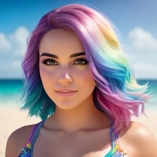 Prompt: Full body portrait of beautiful {woman} with {rainbow} hair and with cute face, {beach bokeh},  no clothing perfect composition, hyperrealistic, super detailed, 8k, high quality, trending art, trending on artstation, sharp focus, studio photo, intricate details, highly detailed, by greg rutkowski