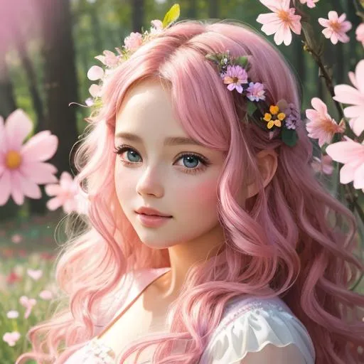 Prompt: a young fairy of spring, very curlsy hair, pink glow on cheeks,wildflowers, vivid colors, closeup