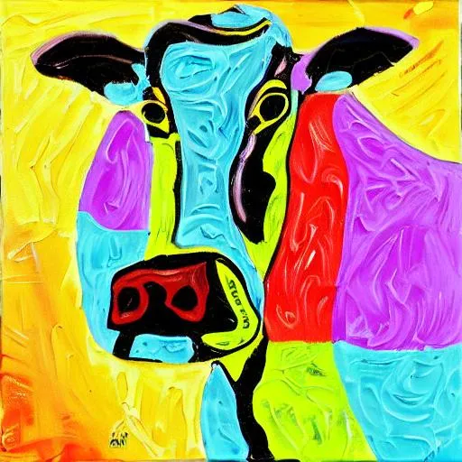 Prompt: A bright, vibrant, dynamic, spirited, vivid painting of a dairy cow in a tortoise pattern. 