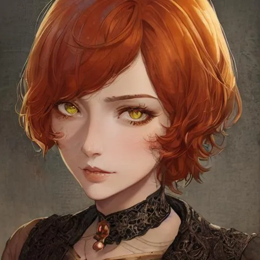 Prompt: portrait canvas, muted colors, watercolor style, vintage colors, by greg rutkowski, detailed, intricate face, detailed eyes, gentle tones, gothic tone, futuristic theme, beautiful woman short orange hair, glowing green eyes