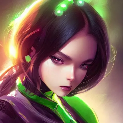 Prompt: Female superhero, green glow, smooth soft skin, big dreamy eyes, beautiful intricate colored hair, symmetrical, anime wide eyes, soft lighting, detailed face, by makoto shinkai, stanley artgerm lau, wlop, rossdraws, concept art, digital painting background, looking into camera
