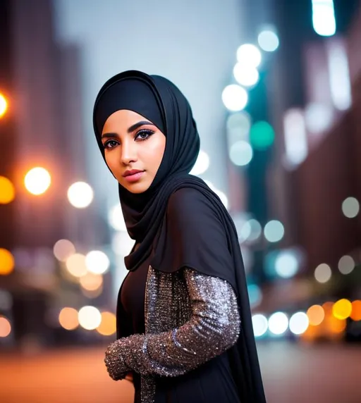 Prompt: A Muslim hijabi model, gloves, fingerless gloves, gun, posing in an empty night street, loop lighting, fine details, intricate, film grain, Canon EOS R5, RAW color photo, highly detailed skin, detailed skin texture. sharp focus

