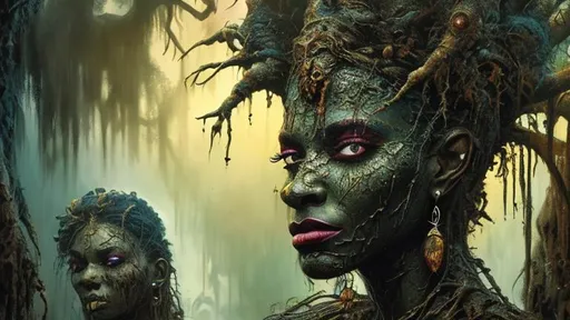 Prompt: highly detailed full body voodoo swamp queen detailed faces style of frank frazetta dark cinematic 8k