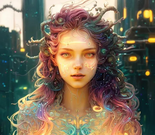 Prompt: Heavenly fantasy celestial bioluminescent prismatic opaline crystal lightning, Beautiful, Detailed, Intricate, Painting, Vibrant, Design, Landscape, Cinematic, Photorealistic, 4k, 8k, World, Artstation, Wlop, Cyberpunk, Magical, SunsetCloseup face portrait of a {person}, smooth soft skin, big  eyes, beautiful intricate colored hair, symmetrical, anime wide eyes, concept art, digital painting, looking into camera 