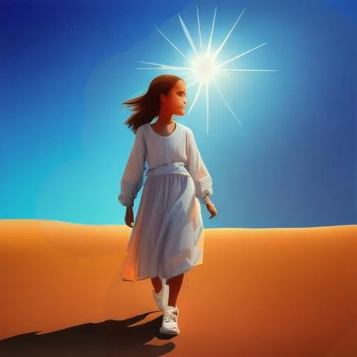 Prompt: abstract digital painting about an young girl dressed like a saviour with a jar of water in hand, walking towards front, desert, background with sun, artstation
