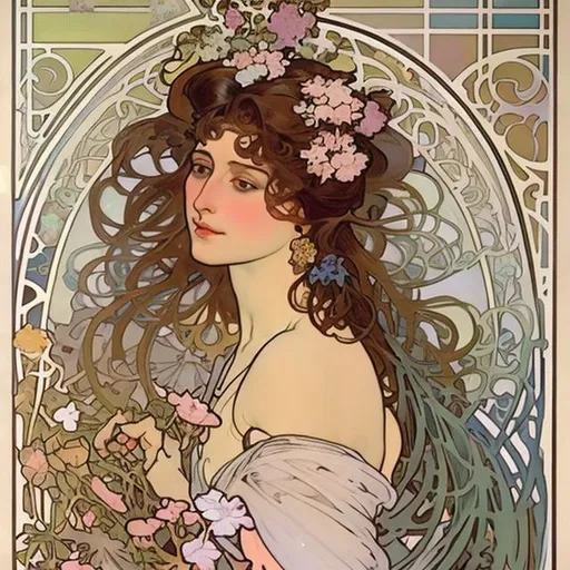 Prompt: A beautiful woman with flowers and birds in pastel colors of gouache paint, Art noveau by Alphonse Mucha