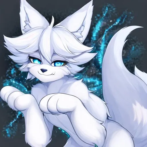 Prompt: fox boy furry furaffinity with white fur on his face and blue eyes with paws as the hands and has no thumbs and smiling