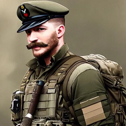 Prompt: tom hardy, moustache, military soldier, infantry, brown uniform, special forces, tactical, tan hijab, heavy ruck sack, comms, scifi

