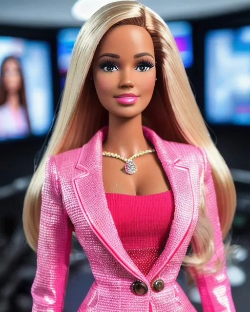 Prompt: RAW photo, a highly detailed photo of a news anchor barbie doll in a news presenter outfit, mix of Gwyneth Paltrow and a Ghanaian woman and kim Kardashian, detailed saran hair, plastic skin, background is a newsroom tv studio, segmented model, mattel barbie aesthetic, made of plastic, segmented doll, big thick botox lips, open suit jacket, push up blouse, mini skirt, newsroom decorations, pale gold accent, ultra detailed, 8k uhd, dslr, soft lighting, high quality, film grain