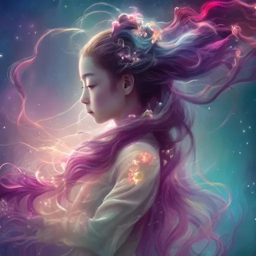 Prompt: Bloom, Nebula, Young girl, Long Flowing hair, Flowery, Dynasty