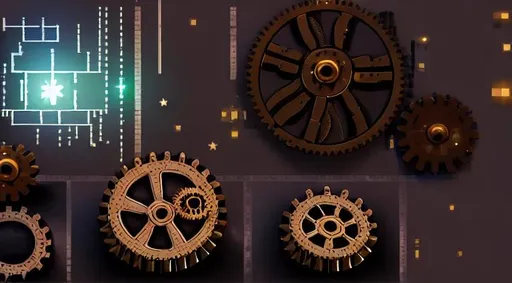 Prompt: voxel art, steampunk, dark colors, sparkling night, stars, giant gears floor, gears, mechanical world, uniform scaling
