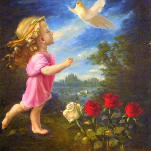 Prompt: masterpiece,  roses, a  birds flying, a little girl flying in in the sky