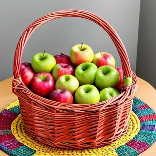 Prompt: A large wicker basket filled with multi colored chromatic apples, sitting on a table top, other fruit on the table 