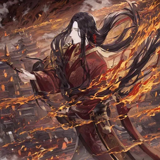 Prompt: A high-resolution painting of {a beautiful young man with no beard}, an ancient palace in fire with smoke rising behind as background. long straight black hair with black eyes. wearing red ancient clothes with gold patterns along the collar. full body with a close-up face. right hand holding one long lance stabbing on the ground.  #MY-BOY# MAN perfect render, detailed face, detailed painting, balanced head-body proportion, soft lighting,  