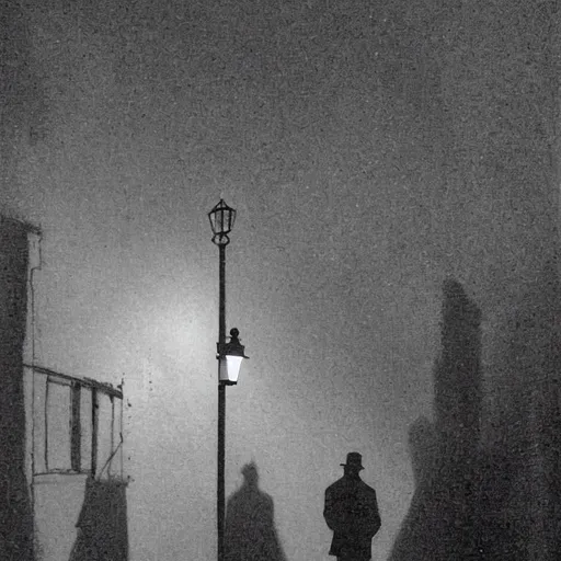 Prompt: a dark male figure, standing in the shadows, noire, threatening, back alley scene, at night, single street light, not modern, old worldly
