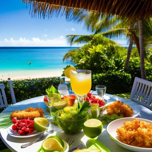 Prompt: "Generate an image of a scene at a tropical beach resort. The table should prominently feature a glass of exceptionally refreshing and sparkling lime juice with a vivid green color, made from bright green Tahiti lemons with ice cubes. Place the plate of beautifully presented breaded shrimp separately. Make the glass serving dish filled with a vibrant, diverse, and inviting tropical fruit salad the focal point of the scene, ensuring the fruits are exceptionally colorful, varied, and radiating freshness and vibrancy. The atmosphere should exude the essence of a beachside summer vacation."" ultra hd, realistic, vivid colors, highly detailed, UHD drawing, pen and ink, perfect composition, beautiful detailed intricate insanely detailed octane render trending on artstation, 8k artistic photography, photorealistic concept art, soft natural volumetric cinematic perfect light"

