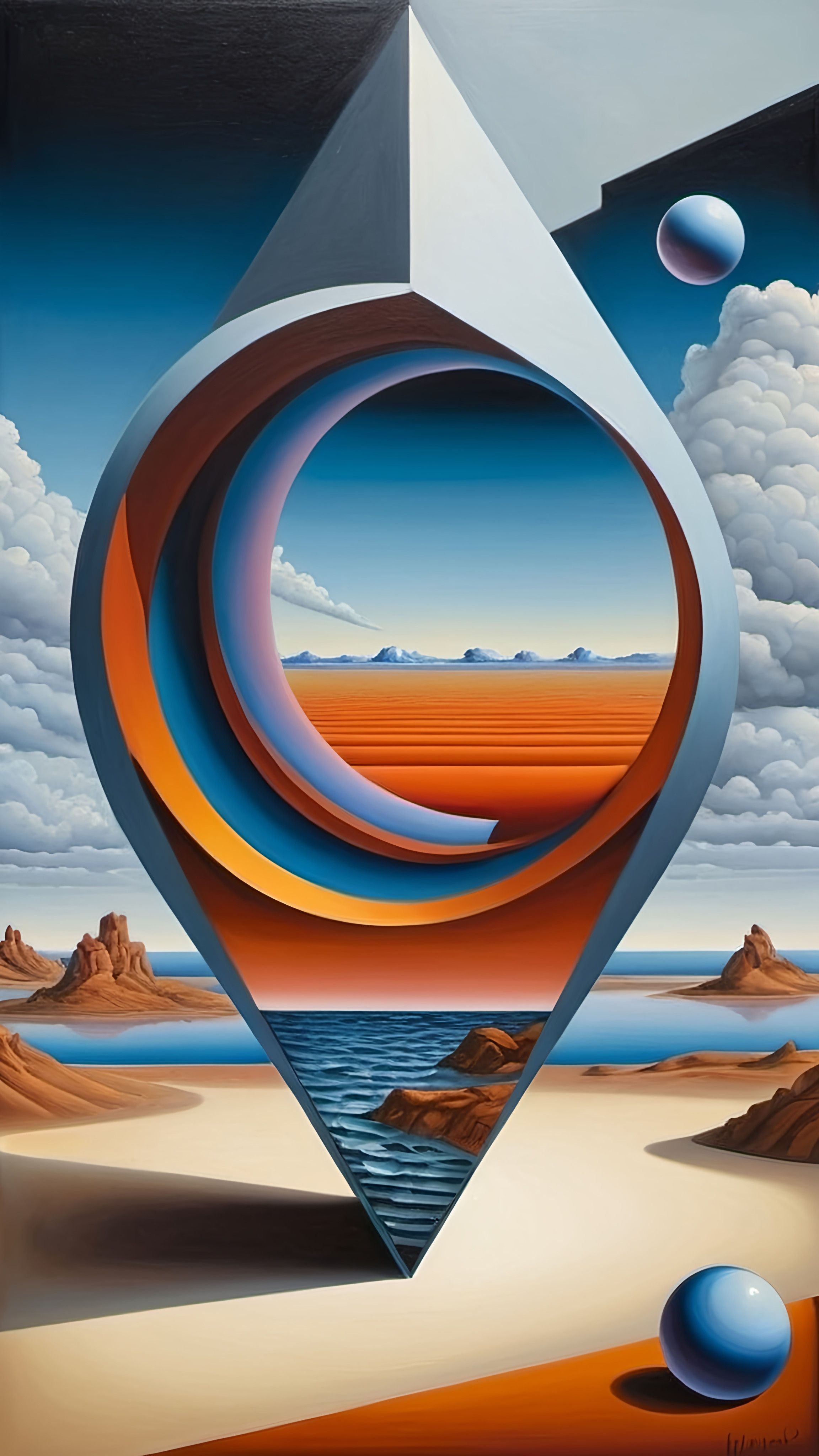 Prompt: a painting of a desert with a blue sky and clouds in the background and a large triangle in the middle