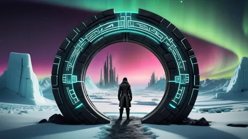 Prompt: magical portal between cities realms worlds kingdoms, circular portal, ring standing on edge, upright ring, freestanding ring, hieroglyphs on ring, complete ring, ancient aztec architecture, arctic winter setting, aurora borealis, panoramic view, dark night, futuristic cyberpunk tech-noir setting