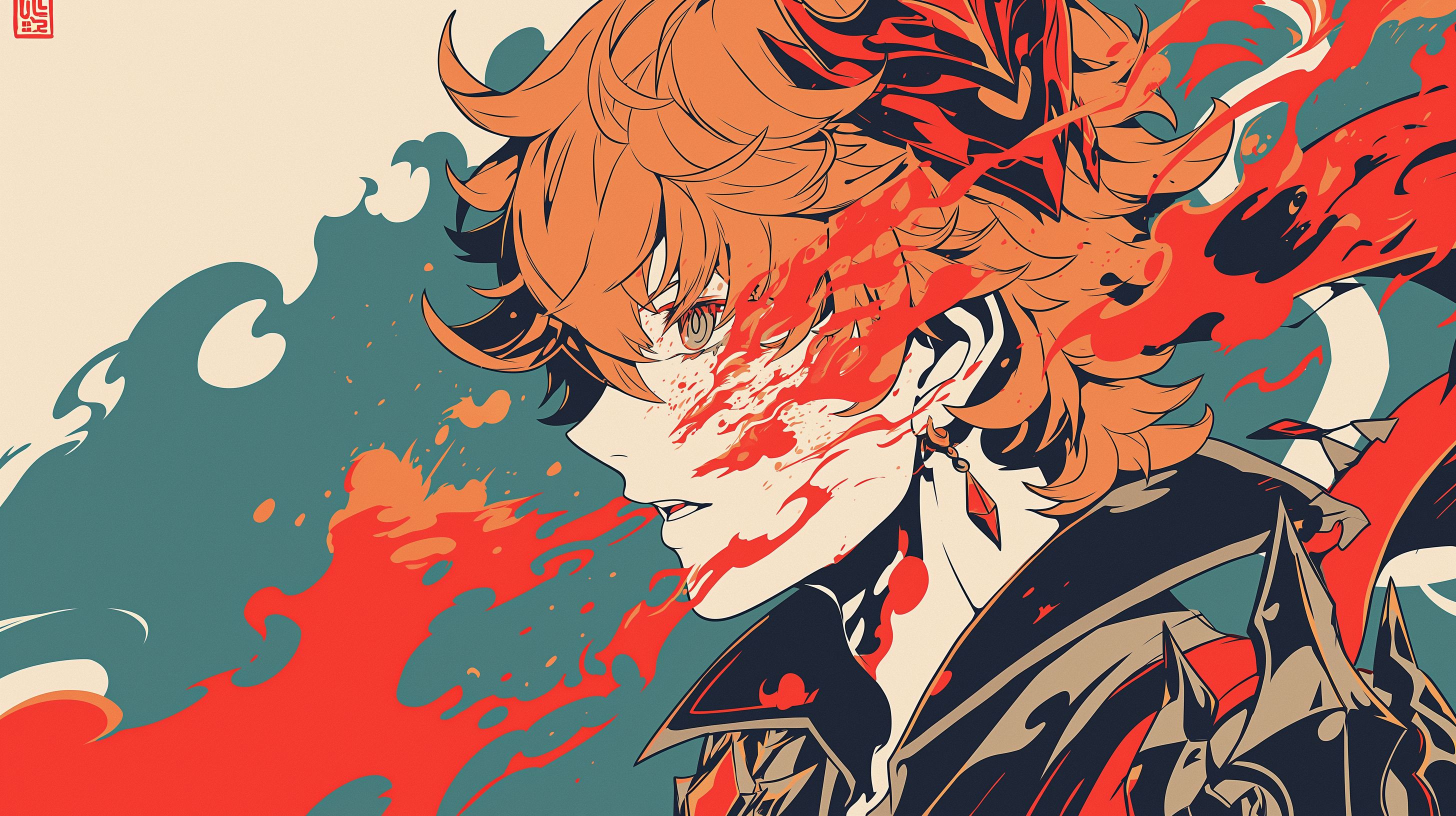 Prompt: Tartaglia from Genshin Impact, Persona 5 style, Short messy ginger hair with Ahoge that falls between the eyes, red diamond earing on right side, aged japanese vintage woodblock print style, vector, dynamic pose, thick white border, shades of red white and black --ar 16:9 --niji 6