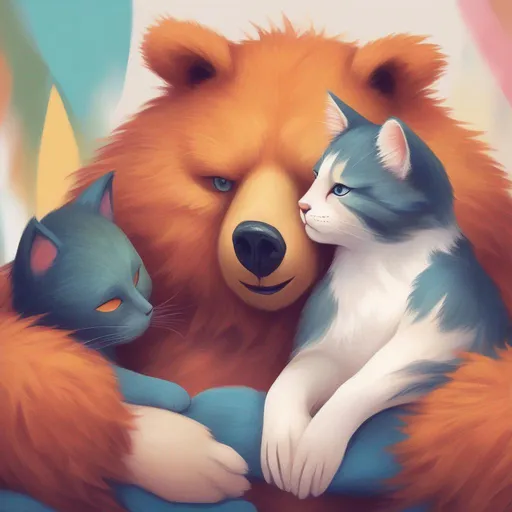 Prompt: A house cat cuddling on top of a bear in a colourful and semi-realistic painted style