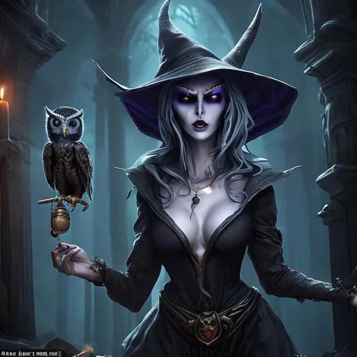 Prompt: Set in a mythical city as night falls, a slender woman with a full chest, dressed as witch, with piercing grey eyes, is bent over a potion slowly brewing under the watchful gaze of a owl. Hyper realistic