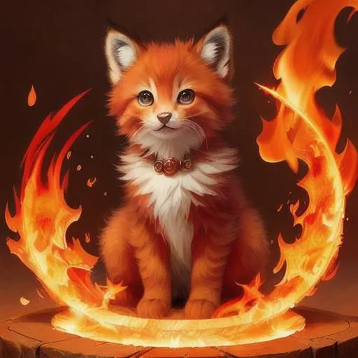 Prompt: Cute, red, fluffy, fire kitten, possessing the element of fire and making circles of fire
 move around in the air in a magical way. Perfect features, extremely detailed, realistic. Krenz Cushart + loish +gaston bussiere +craig mullins, j. c. leyendecker +Artgerm.