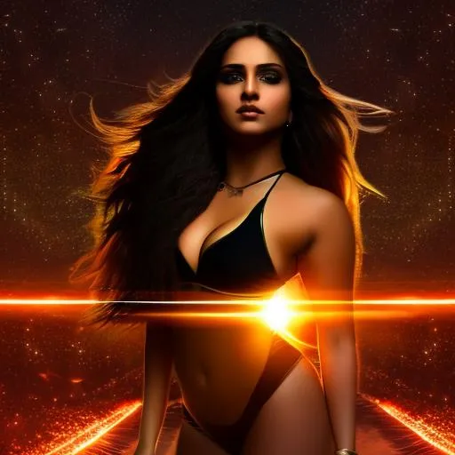 Prompt:  dark future, {{Full-body}} ((realistic pretty face)) detailed masterpiece, fantasy, high-res, quality upscaled image, perfect composition, subject of this image is a (beautiful  female),Brown with gold highlights hair, (busty fit body), 18k composition, 16k, 3D image, cell shaded, orange sunrise  background, 